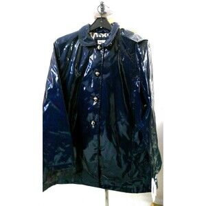 New NWT $325 Jane Post Iconic Princess Slicker Rain Coat Hood Women L Teal Navy